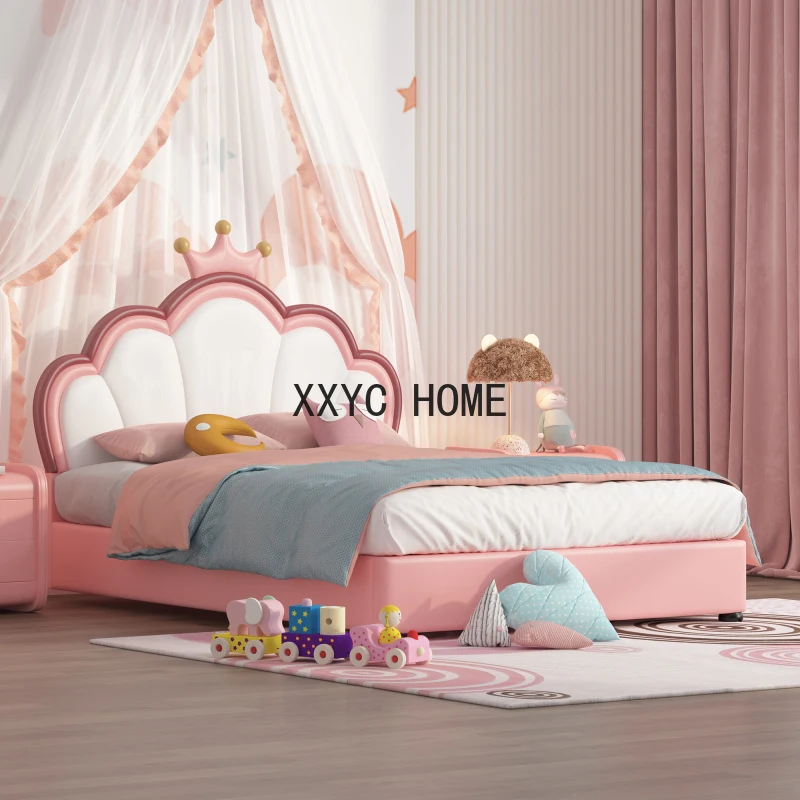 Double child bed with crown shaped headboard, modern luxurious PU leather baby bed frame, cute girl single bed, teenage bed