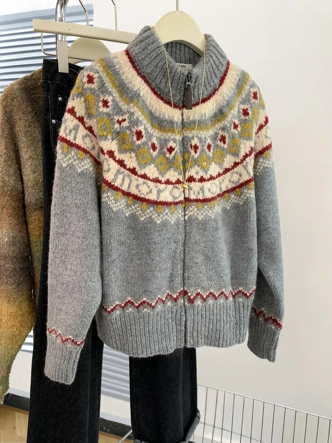 

Американский винтажный кардиган с принтом, свитера, женская мягкая уличная одежда, вязаная куртка с длинными рукавами, ретро Harajuku, повседневные серые топы на молнии