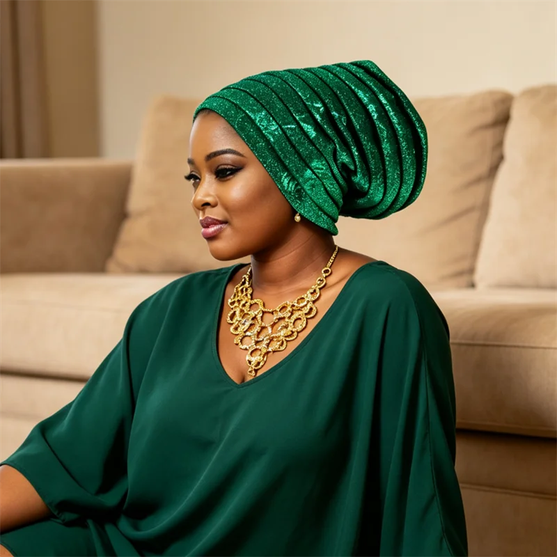 African Auto Gele Headties Glitter Pleated Turban Cap Women Nigerian Wedding Headgear Muslim Hijab Bonnet Head Wrap Turbante Hat