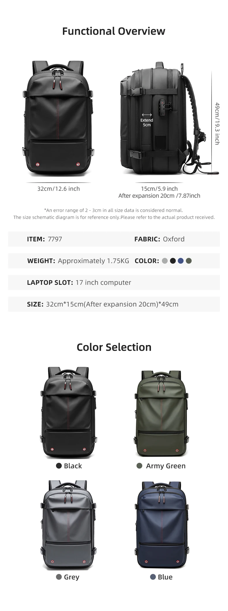 Herren-Reiserucksack mit One-Click-Start-Pumpe, Vakuum-Kompression, Laptopfach, Wandern, Outdoor, 17 Zoll, erweiterbarer Schulrucksack – Detail 12