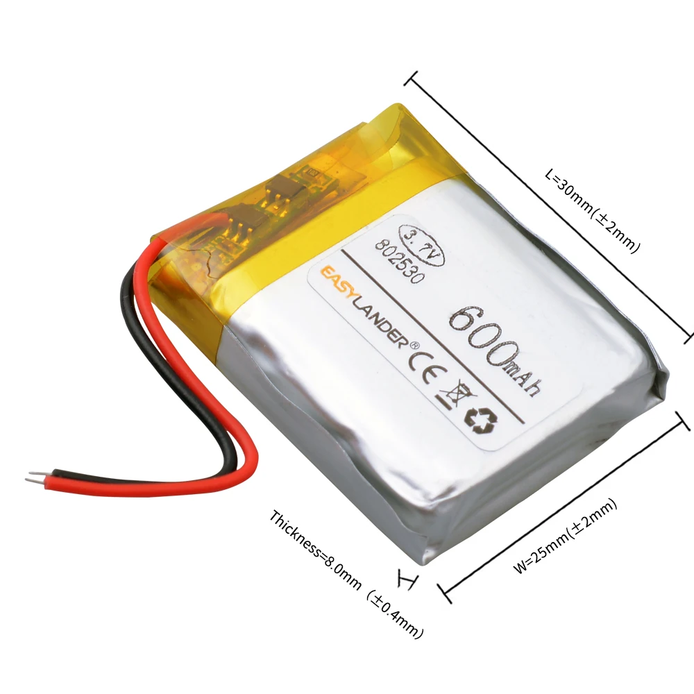 3.7V 600mAh Lithium Polymer LiPo Rechargeable Battery 802530 For Mp3 Headphone PAD DVD E-book Bluetooth Headset Recorder Camera