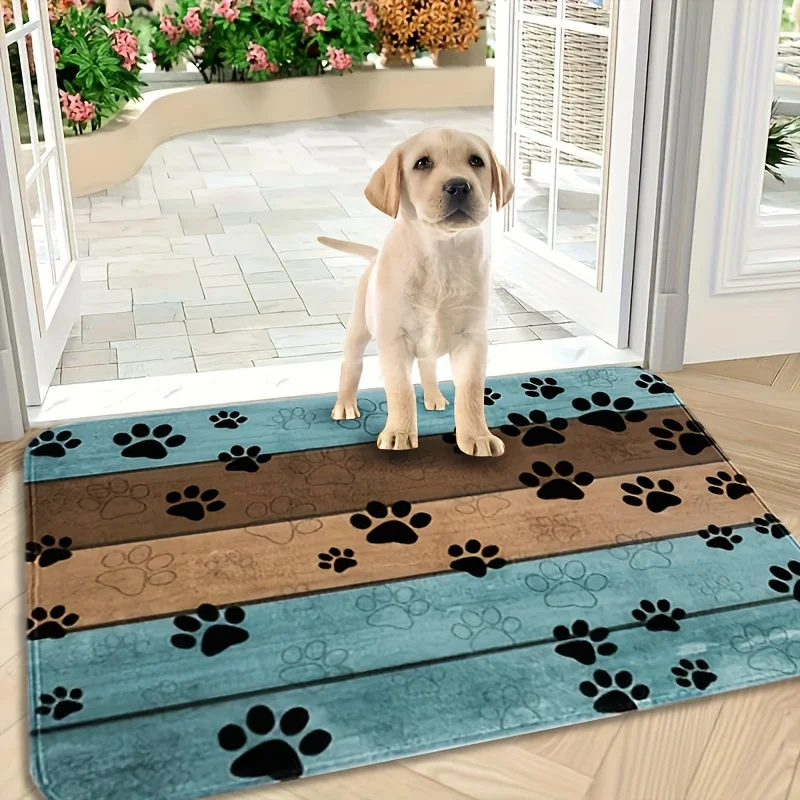 Pet Friendly Flannel Floor Mat Non Slip Washable Wooden Plank Paw Print Soft Rug for Entryway Indoor Pet Area Home Decor