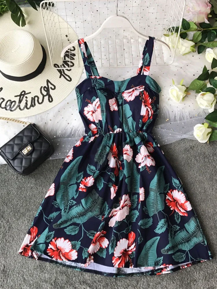 

Summer New Printed Spaghetti Strap Dress Floral Vest Dress Cyber Celebrity A-line Slim Beach Short Dress with Chest Pad ML830