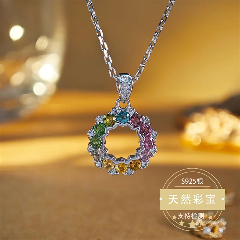 

Sterling Silver S925 Pendant Tourmaline Natural Gemstone Multicolor Necklace Fine Jewelry Gift Girl Lady