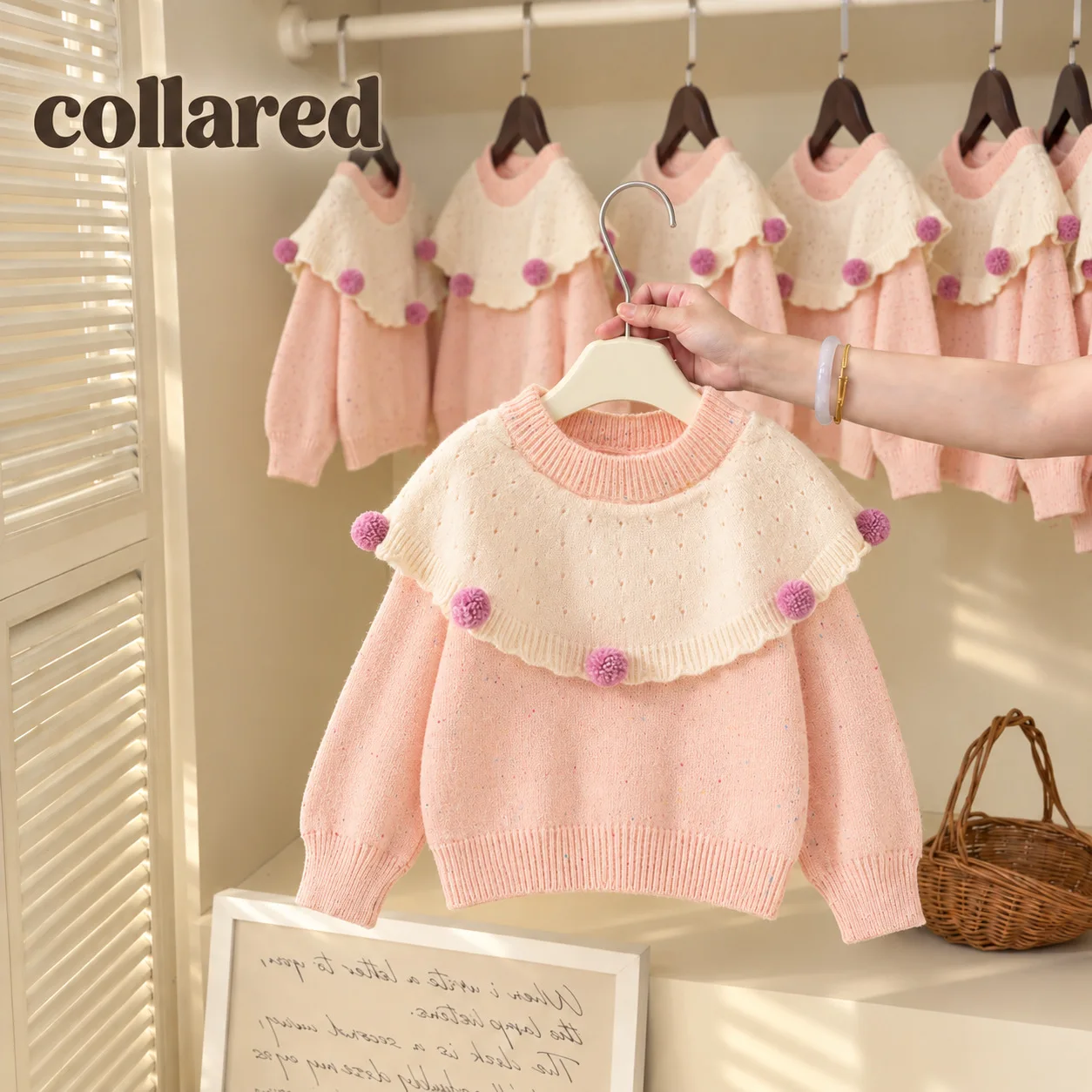 2026 New Fall Girls Pom-Pom Collar Colorblock Sweater | Cute Knit Pullover | Long Sleeve Top