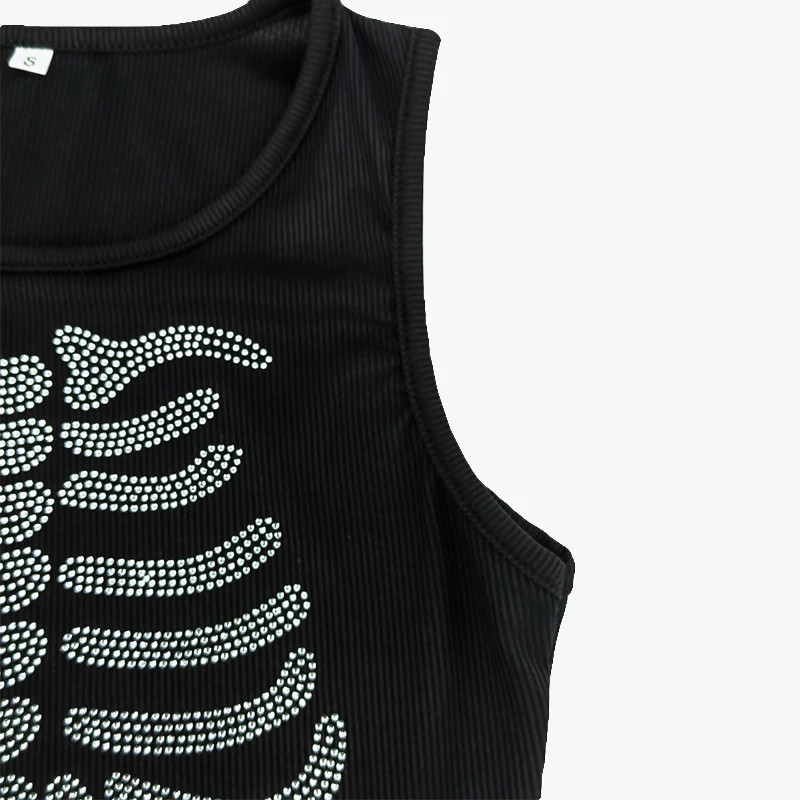 Y2k Rhinestone Skull Print Black Camisole Vintage Emo Girl Street Sleeveless Tank Top Gothic Summer Corset Slim Women\'s Crop Top