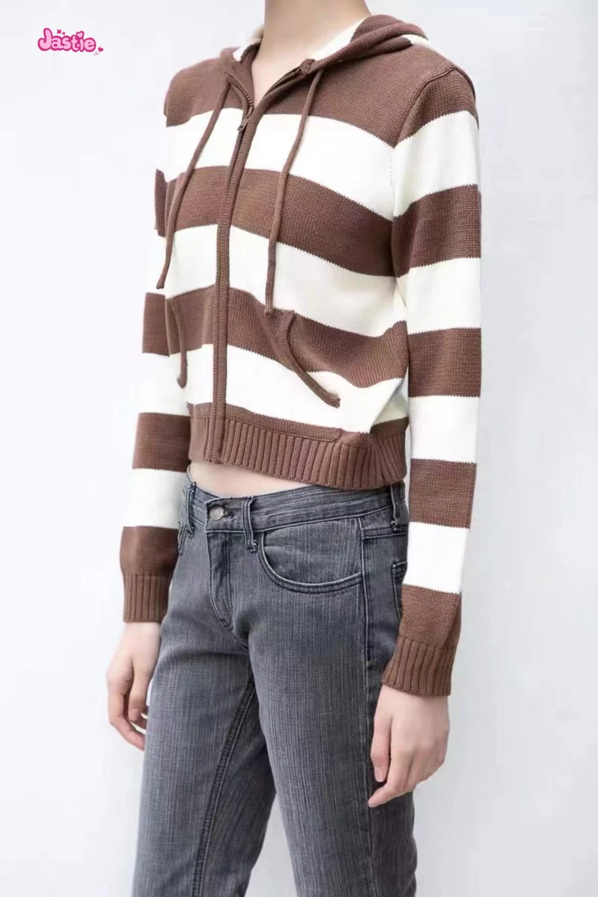 Retro brown Stripe Zipper Knitting Hoodie Slim Y2K Street Winter Sweater Cotton Blend Pocket Women Jackets Autumn Tops 2025 New