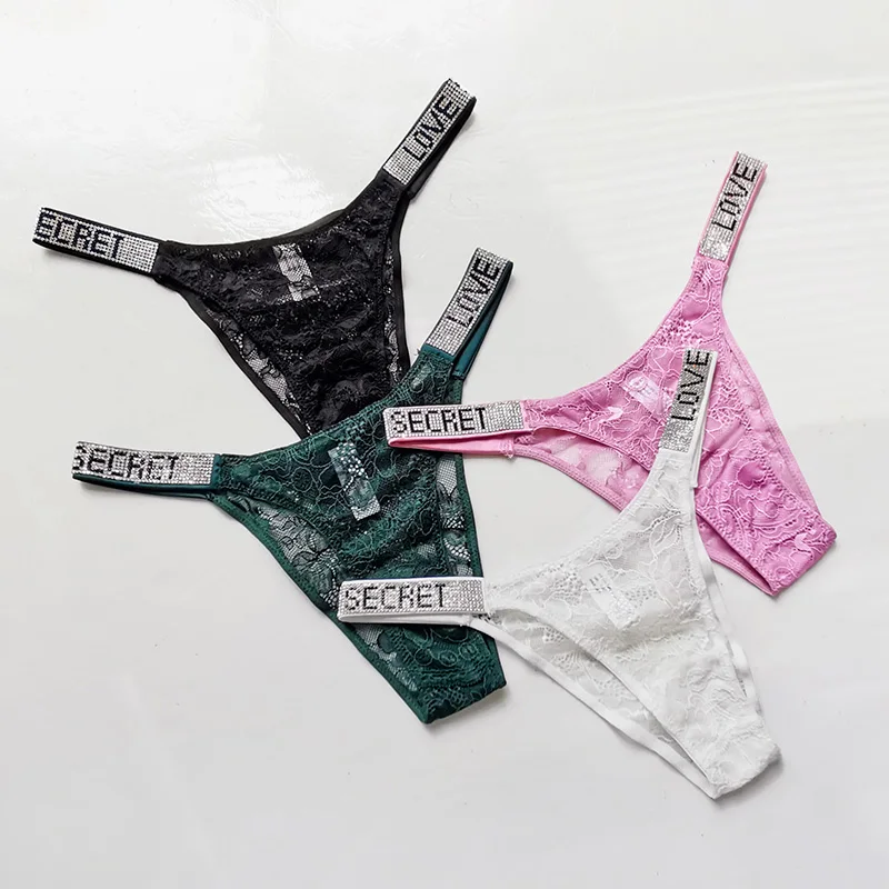 Rhinestone Lace Letter Sexy G String Women Panties Seamless Girls Underwear Transparent Thong For Female Low Rise Ladies Briefs