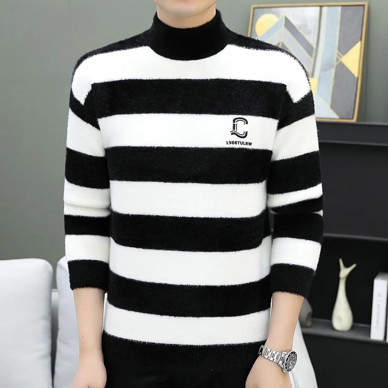 

Утепленный мужской вязаный свитер с высоким воротником из норкового бархата для зимы, повседневный, для отдыха на природе, модный молодежный трикотаж