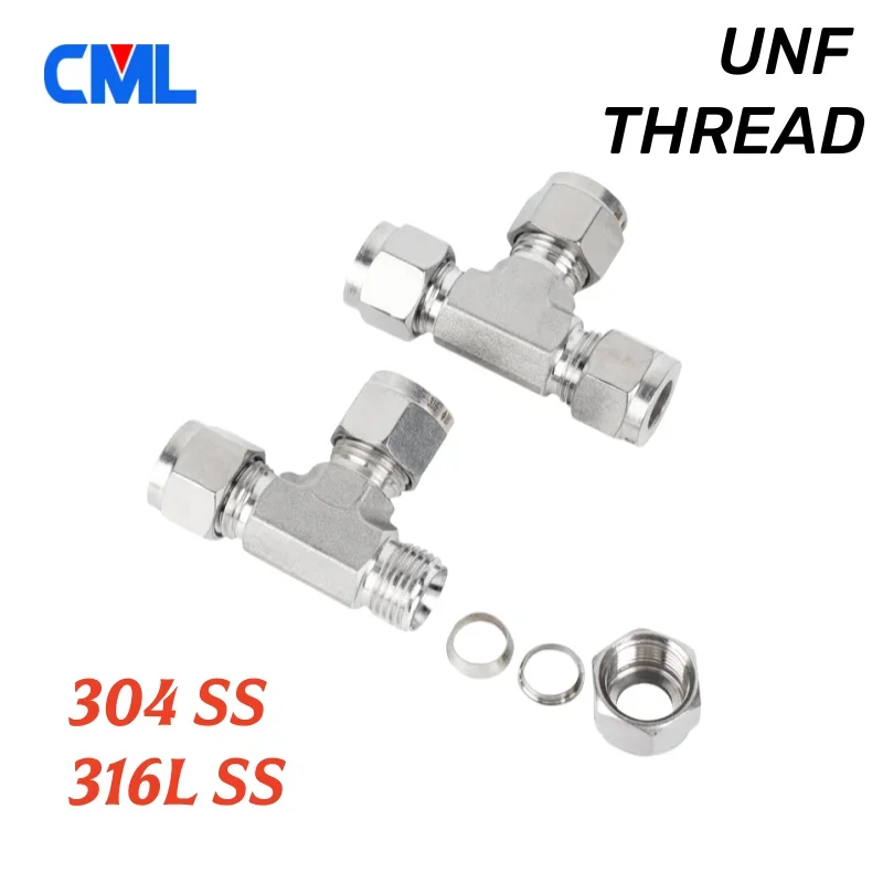 T forgiato in acciaio inossidabile 304 316L 1/8 "1/4" 3/8 "1/2" 3/4 "6mm 8mm 10mm 12mm 14mm 16mm Connettori per tubi a T a doppia ghiera a 3 vie