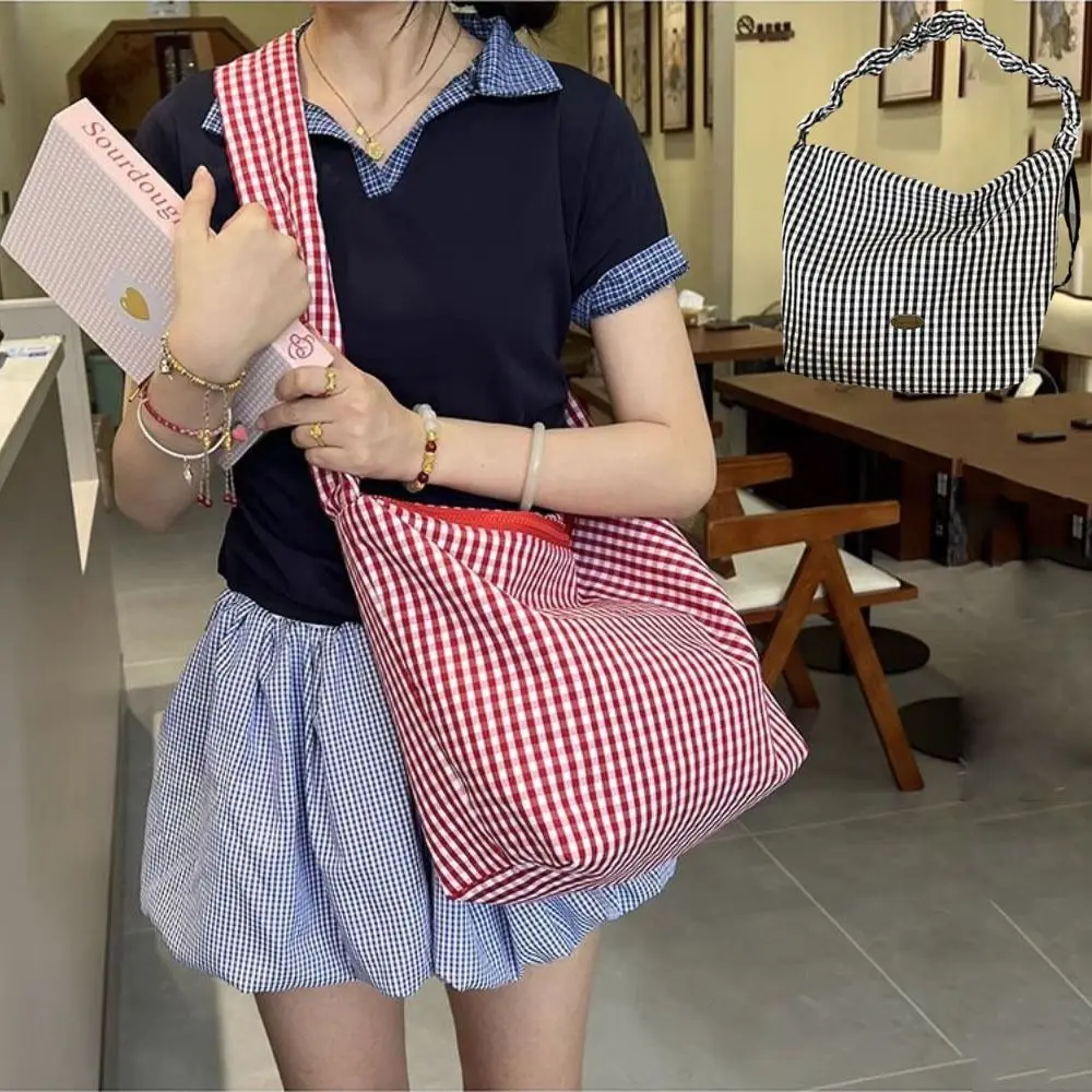 

Casual Y2k Plaid Shoulder Bag Drawstring Pleated Canvas Crossbody Bag Korean Style Shoulder Strap Underarm Bag Women