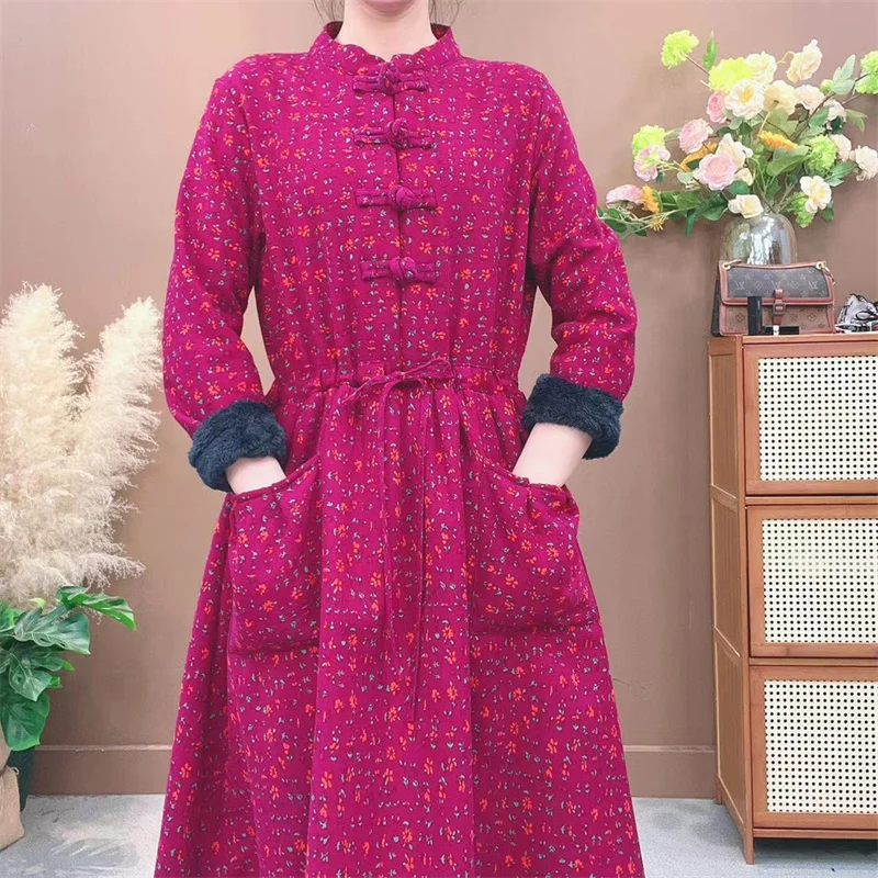 Stand Up Collar Buckle With Thickened Fleece Winter High Collar Long Sleeved Dress Women's Warm Chinese Style Long Dress