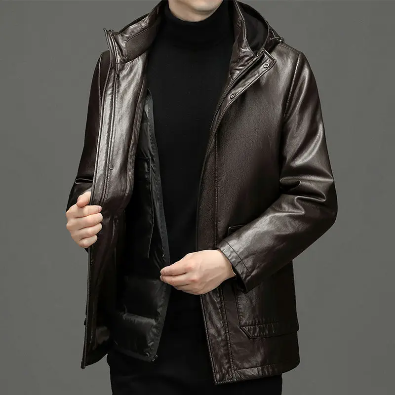 Men\'s Genuine Leather Jacket Hooded Down Jacket Coat Man Sheepskin Coat Windbreaker Male Winter Puffer Jacket Men Duck Down Coat