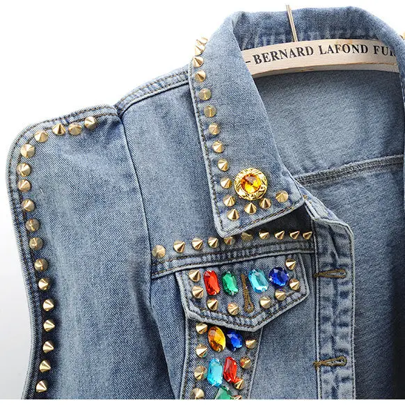 New Fashion Rive Denim Coat for Women Colorful Faux Gemstone Denim Jacket Hip Pop Streetwear Clothes Women Jackets