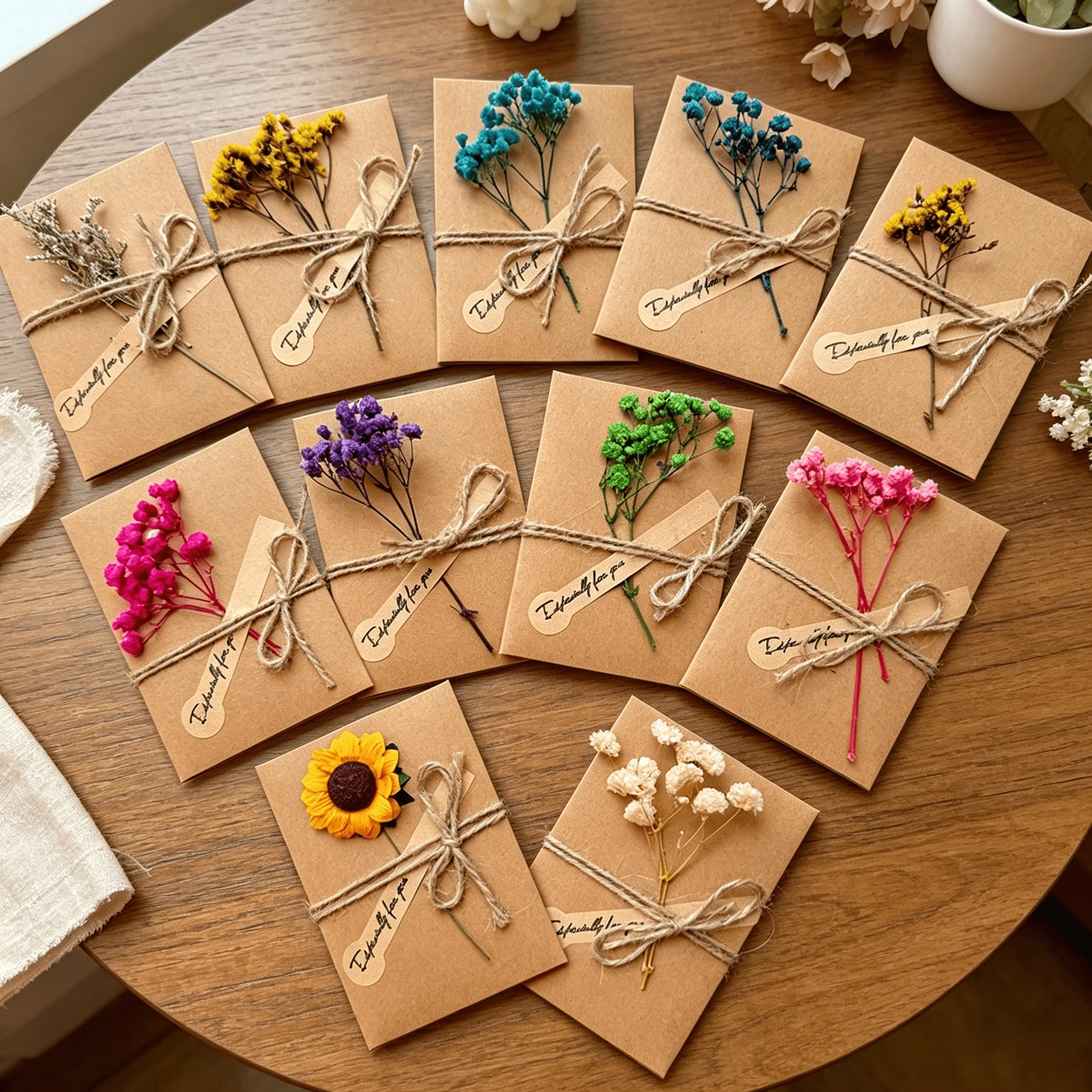 Vintage Kraftpapier Handgemachte Blanko-Blumen-Dankeskarte mit Hanfseil-Umschlag für Geburtstagsfeier-Einladungskarten und Grußkarten – Detail 2