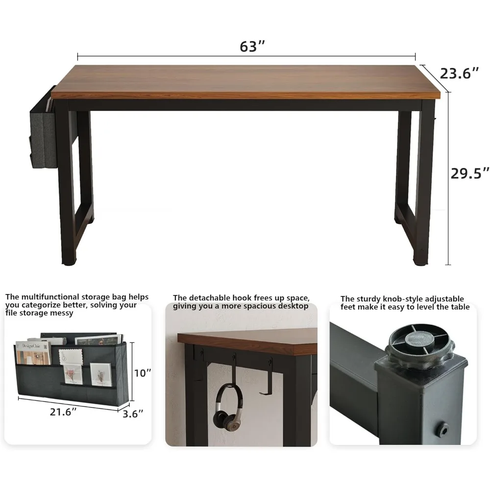 Modern 63 Wood Computer Desk with Storage for Home Office, Study, and Gaming