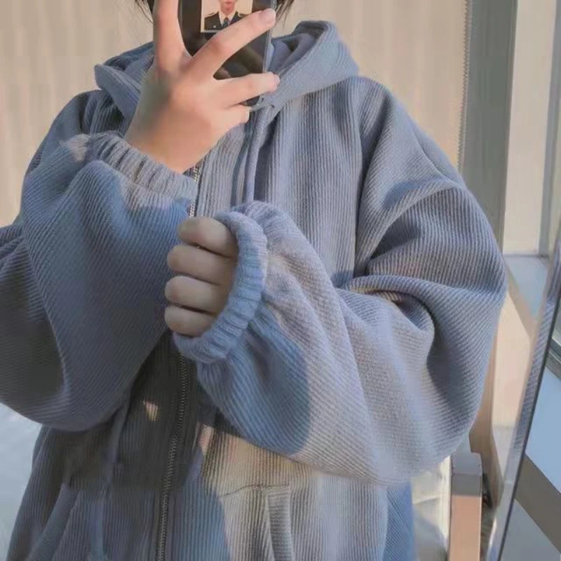 American retro spicy girl oversized hoodie spring and autumn women's blue plush thick winter trendy top