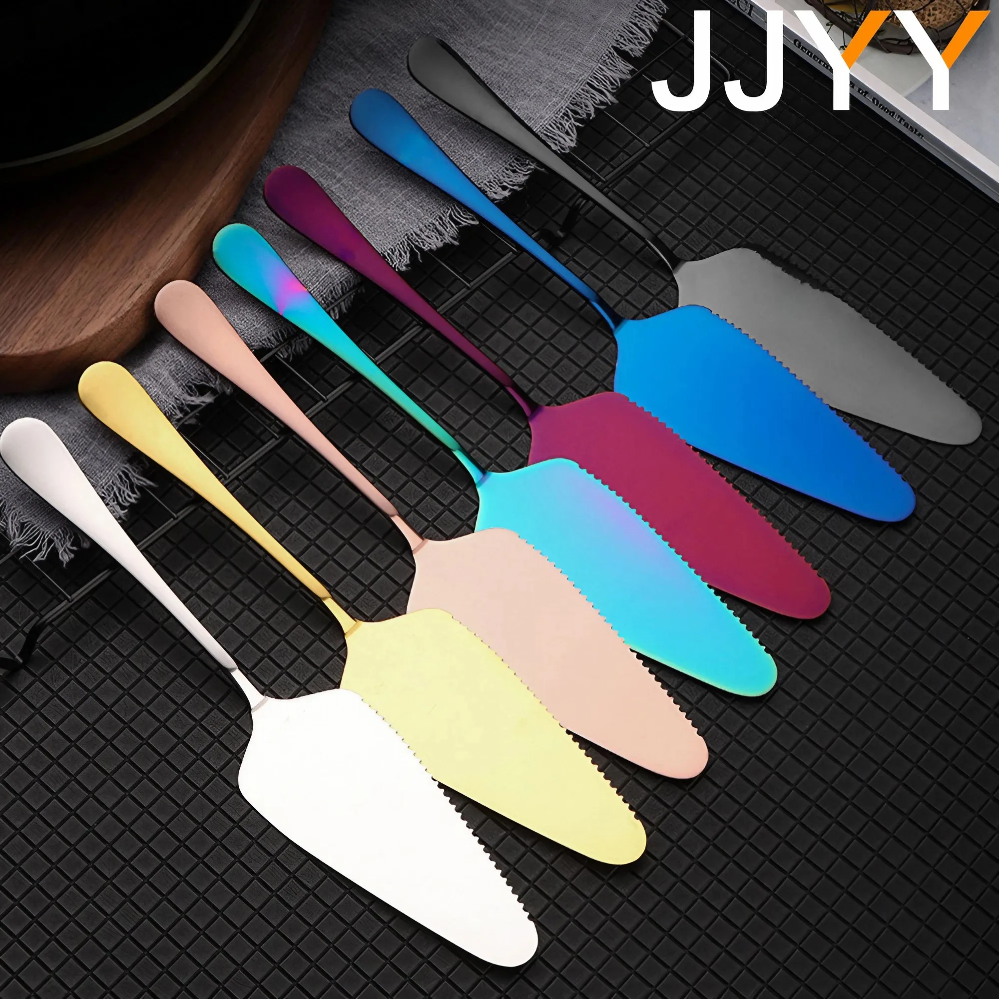 JJYY Colorful Stainless Steel Serrated Edge Cake Server Blade Cutter Pie Pizza Shovel Cake Spatula Baking Tool