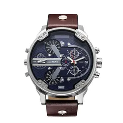 CAGARNY Original Brand Big dial 6820 dual time zone Leather Quartz Man Wristwatches Date Waterproof Fashion Casual Men's watch