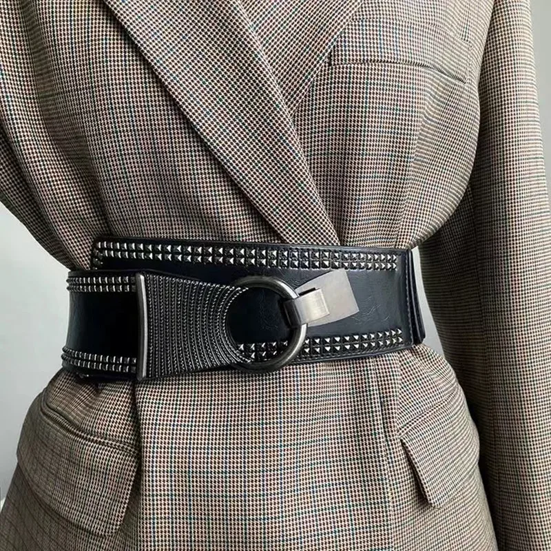 

Waist Cover Women's Summer Outdressing Decorative Suit Dress Retro Rivet Versatile Fashion Belt Black Wide Waist Decoration Belt