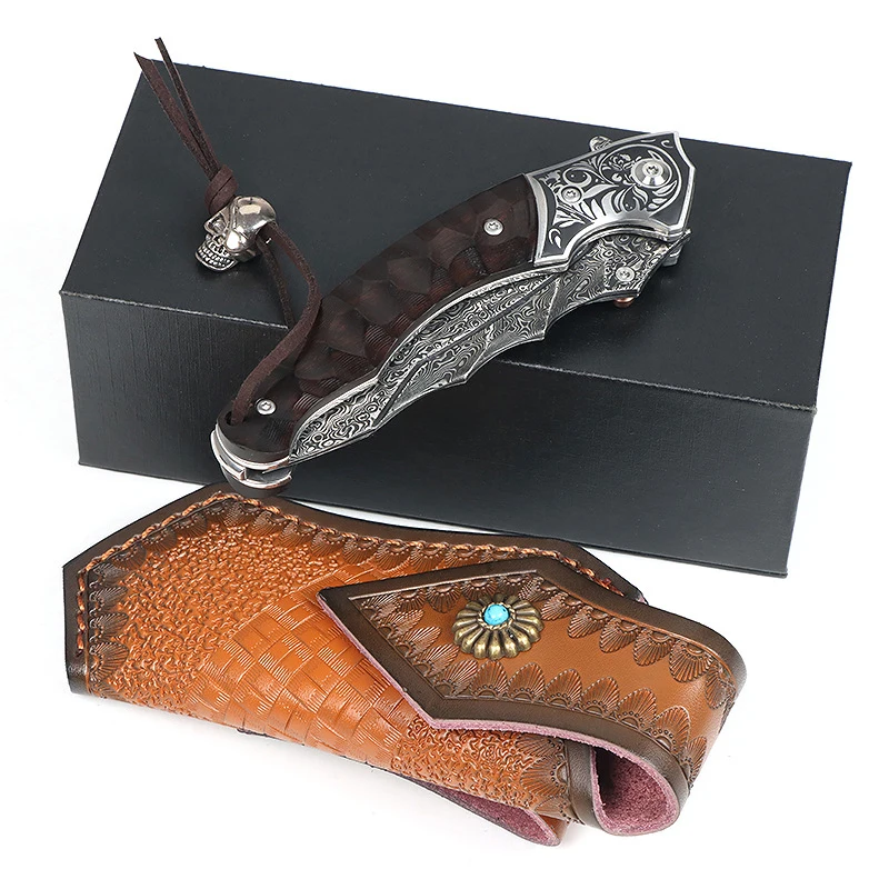 New Folding Knife Creative Damascus Steel Self defense Leather Cover Outdooor Portable Sharp Humting and Fishing EDC Tools