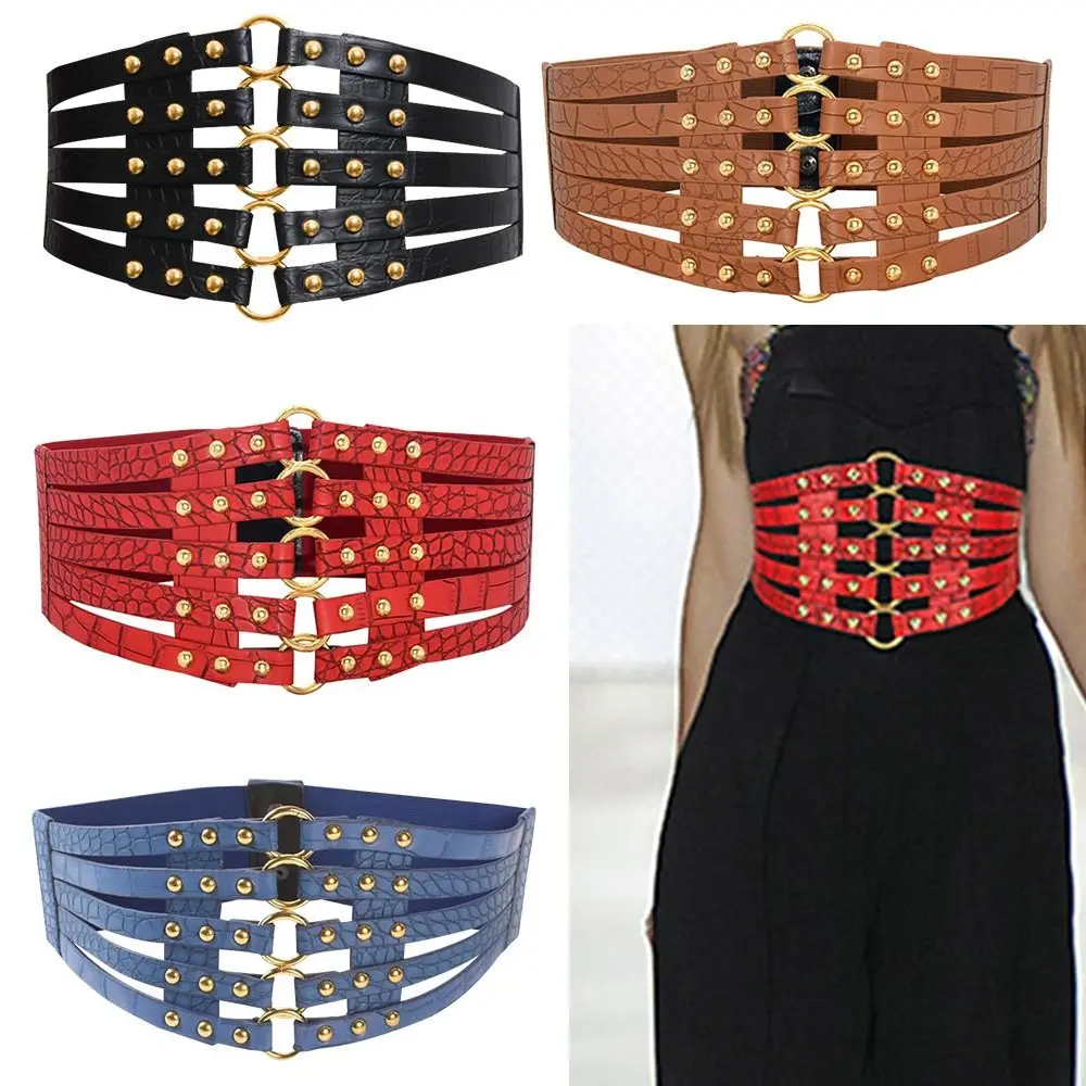 

Women Cummerbunds Vintage Ladies Stretch Cummerbunds Leather Waistband Elastic Corset Band Luxury Rivet Wide Belts