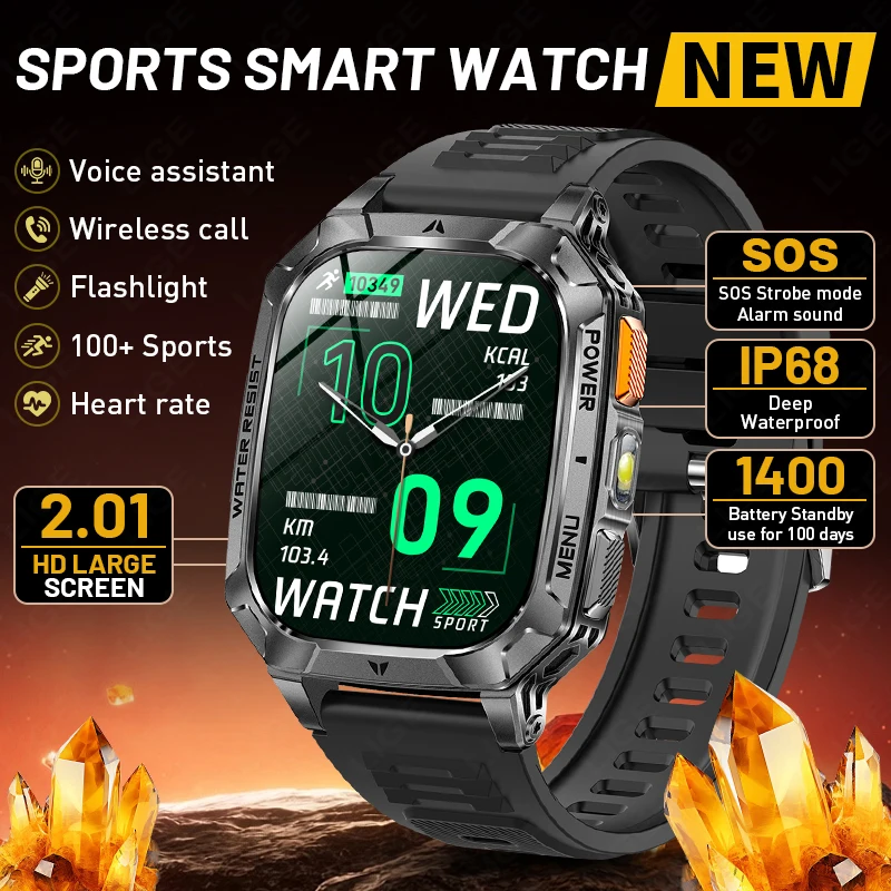 

LIGE 1400 mAh Battery Smart Watch Men 2.01" AMOLED Screen IP68 Waterproof Sports Fitness BT Call Smartwatch Military Grade 2026
