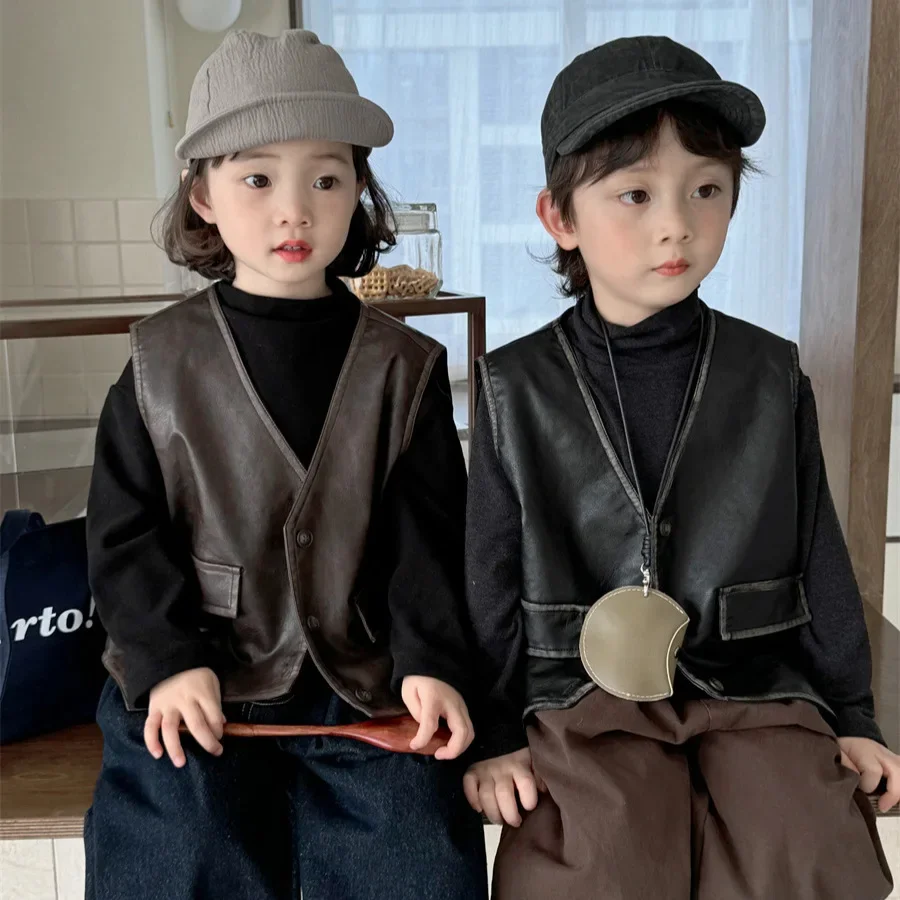 

Children Clothes Kids Coat 2024 Autumn New Solid Color Leather Vest Baby Boys and Girls Fashionable Leather Coat Kids Vest