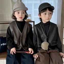 Children Clothes Kids Coat 2024 Autumn New Solid Color Leather Vest Baby Boys and Girls Fashionable Leather Coat Kids Vest