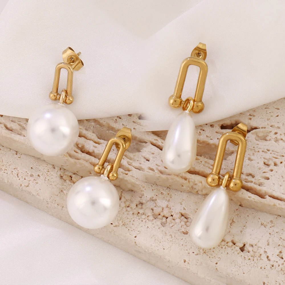 316L Stainless Steel U Shape Clasp Pearl Pendant Stud Earrings For Women Vintage Gold Color Female Charms Earring Jewelry