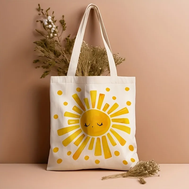 Cute Smiling Sun Graphic Canvas Tote Bag Women Casual Shoulder Handbag Ladies Daily Shopping Bag Book Bag Art Print Tote Gift