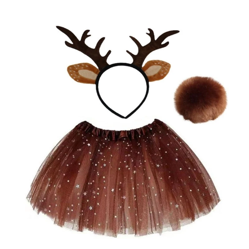 Women Girls Christmas Cosplay Deer Costume Accessories Antler Headband Red Nose Skirts Dress up Props for Adults Teenagers Kids