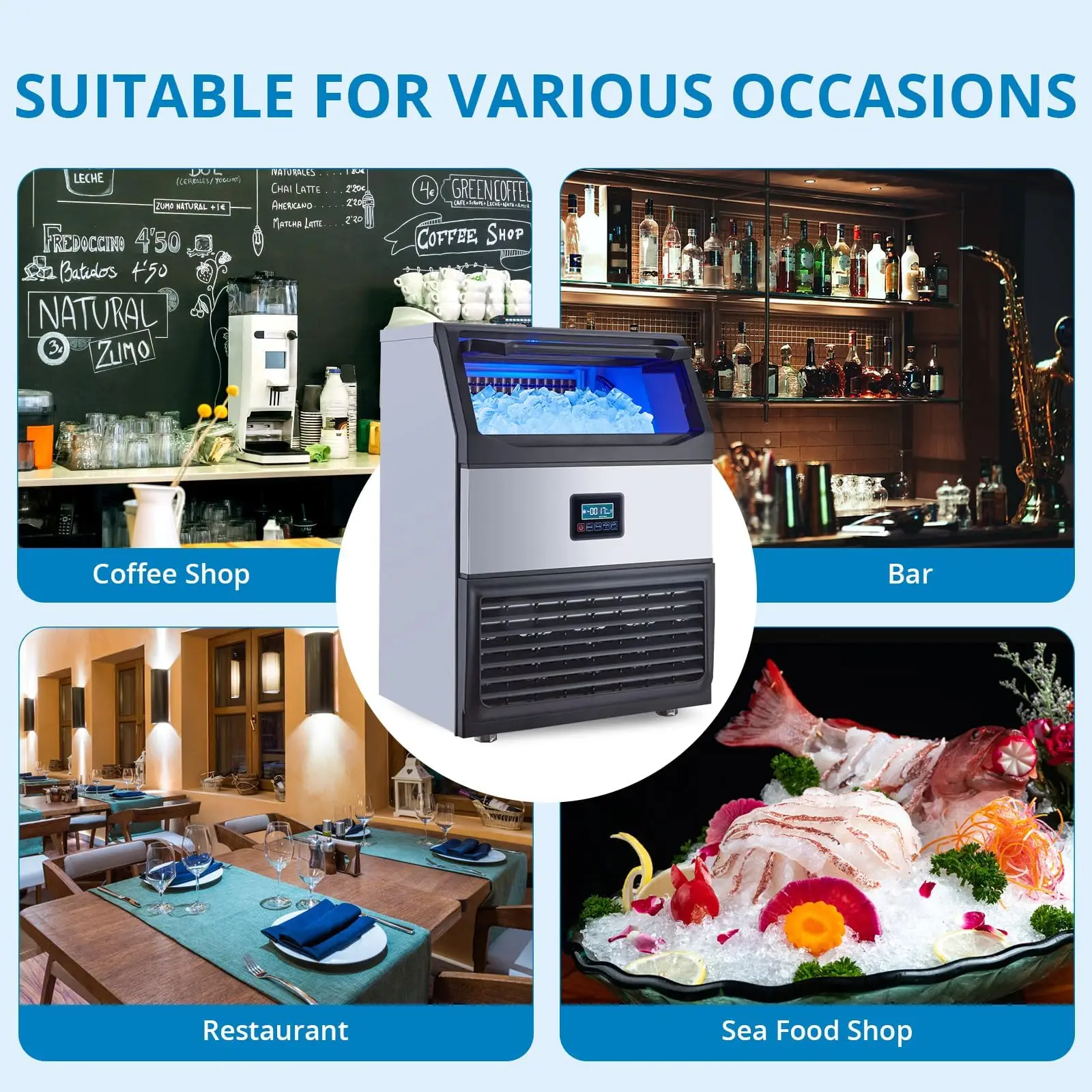 ماكينة صنع الثلج التجارية 200LBS/24h تخزين 55LBS تحت العداد قائم بذاته للتنظيف الذاتي من الفولاذ المقاوم للصدأ ضاغط هادئ