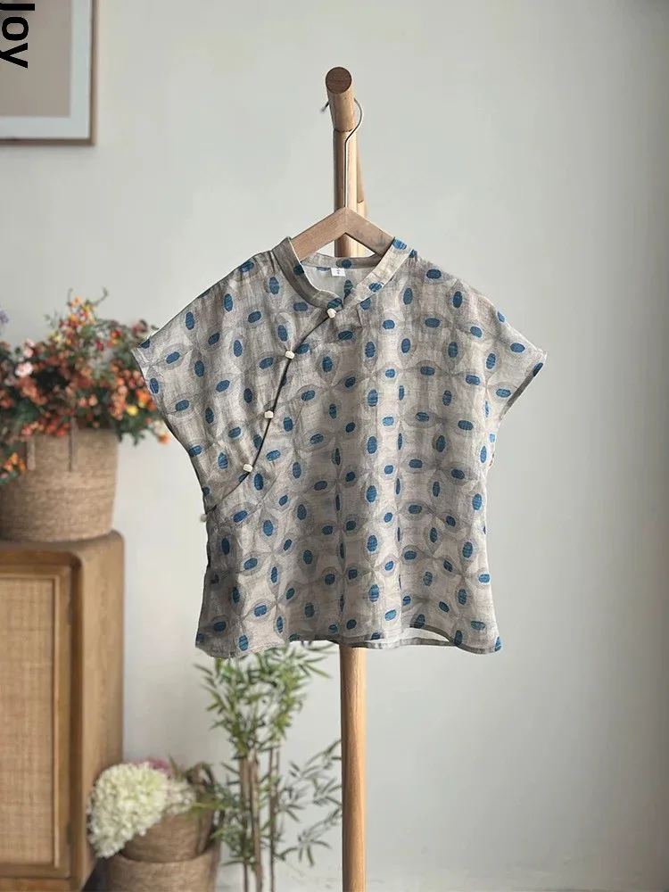 새로운 중국 스타일 면 린넨 여성 여름 레트로 민족 스타일 비스듬한 칼라 버튼 플라이 스타일 티셔츠...