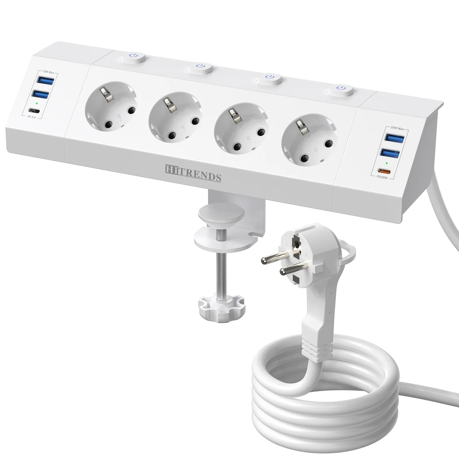 Eu Multi-plug stekkerdoos met desktop klemapparaat trekringstekker 4 USB-A en 2 USB-C-poorten enkele bedieningsschakelaar 2 m kabel