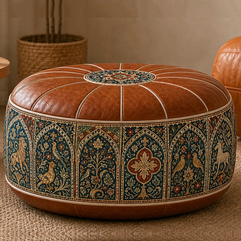 Boho Pattern PU Leather Storage Ottoman Pouf Fillable Footstool with Large Opening Water Resistant for Living Room Decor