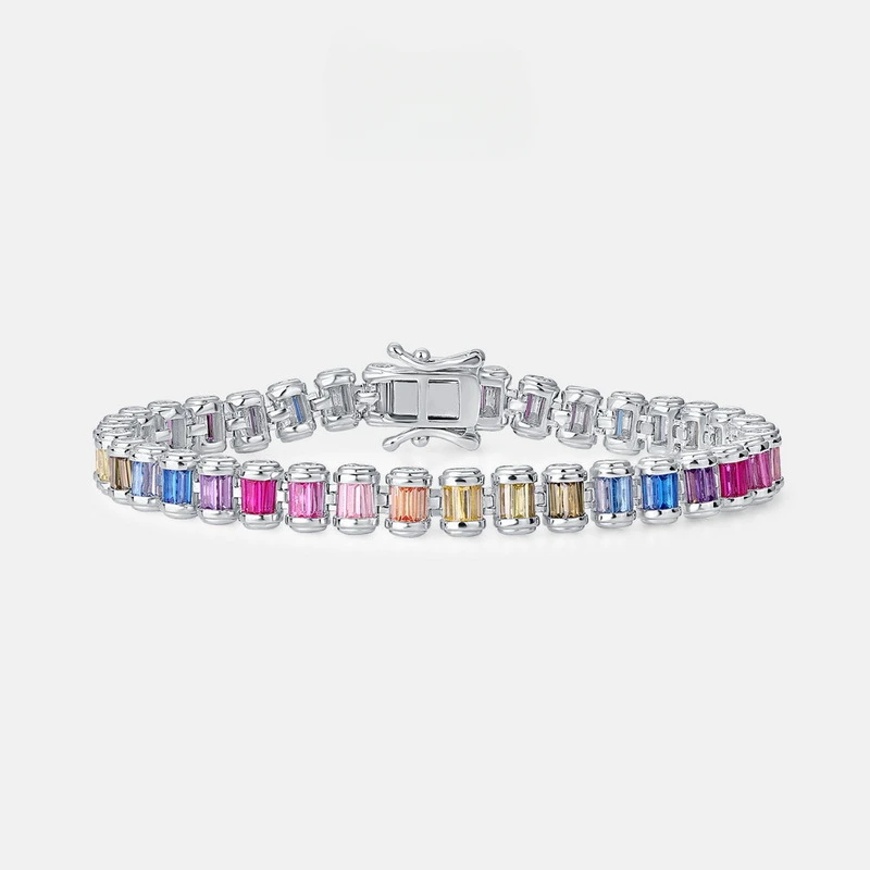 

Cross-Border New Arrival Full Diamond Color Zirconium Tennis ChainS925Silver Inlaid Rainbow Colored Gems Bracelet European Hip H