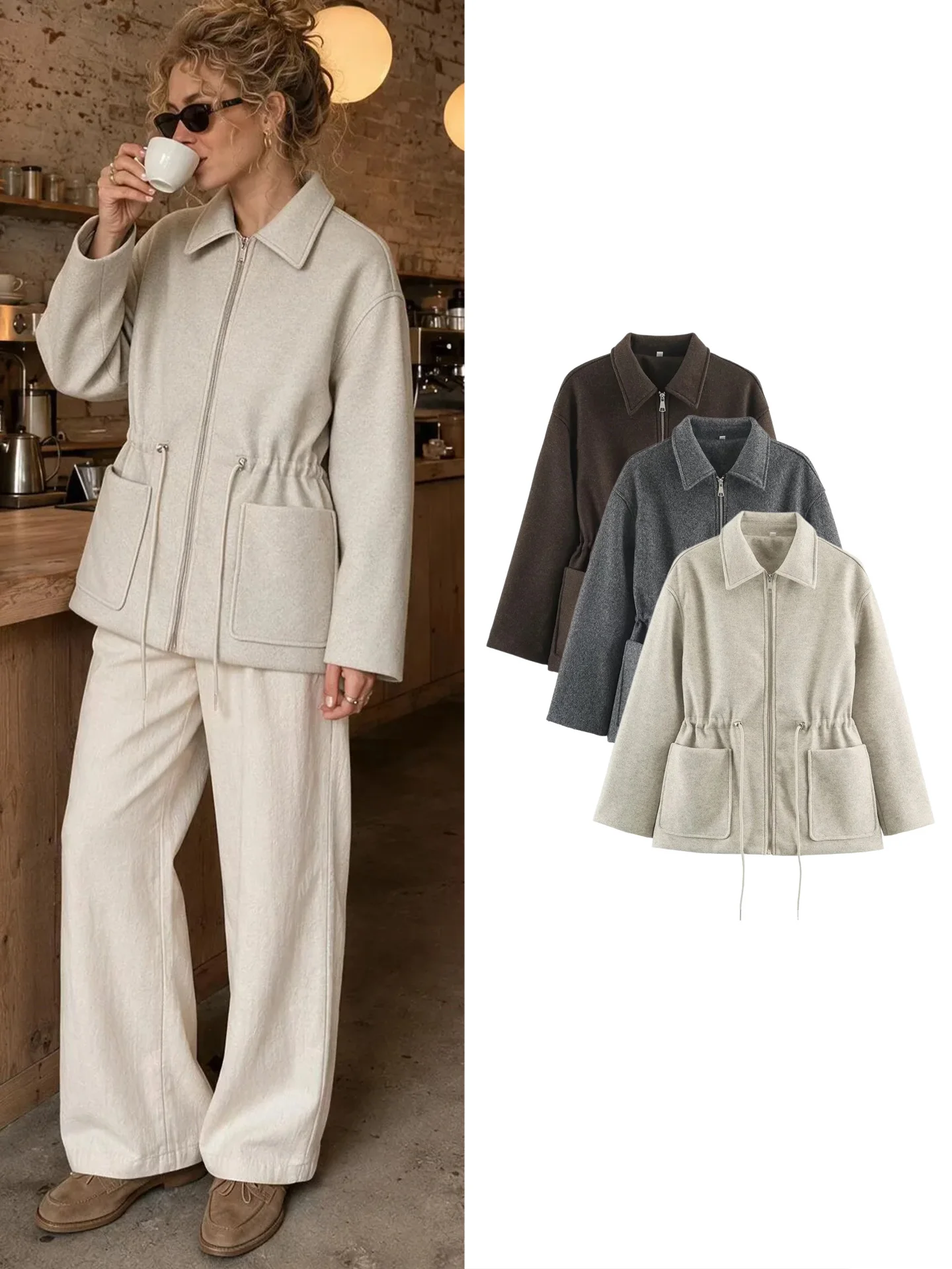 Casual Style Women's Short Coat Autumn New Arrival Woolen Jacket Long Sleeve Zipper Drawstring Waist Slimming Flip Collar Coat