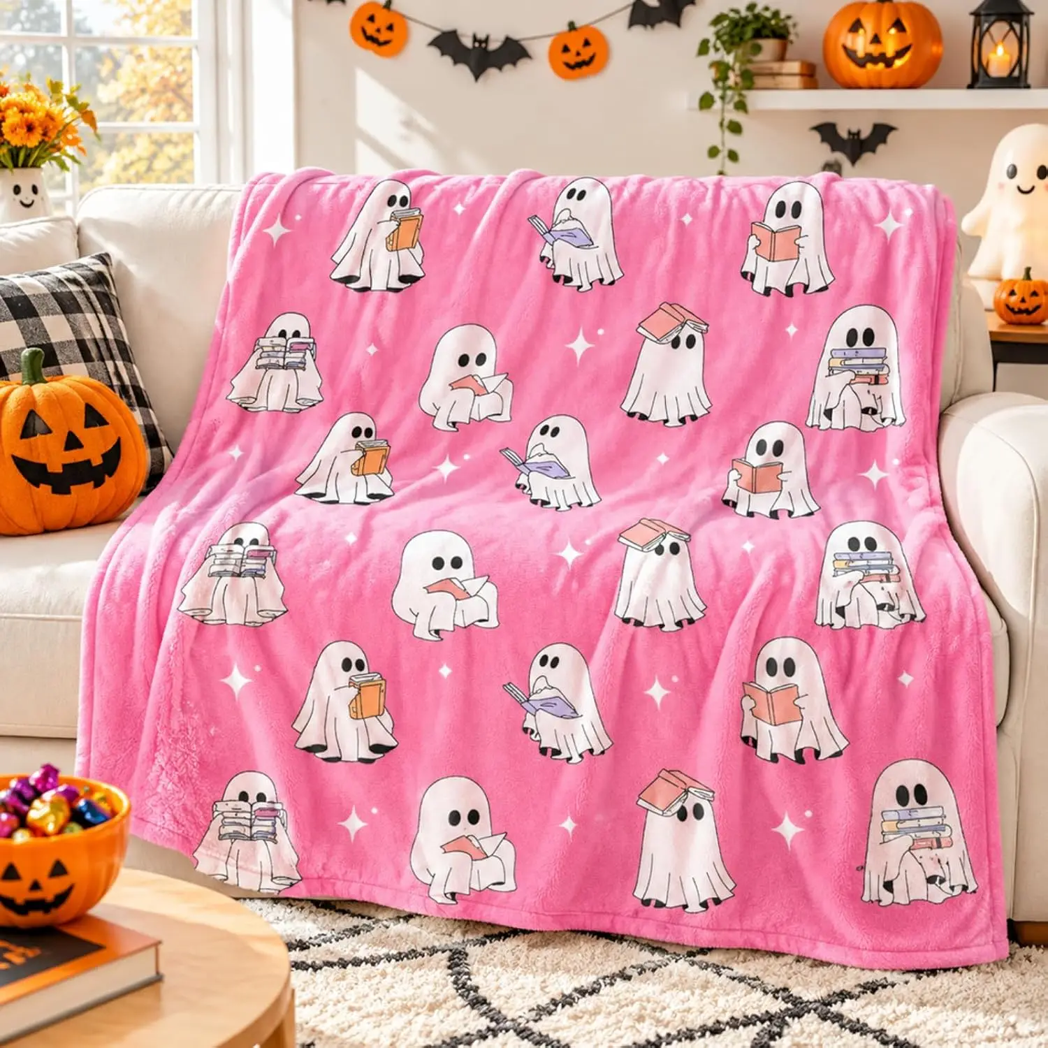 Pink Ghost Reader Blanket Halloween Reading Book Throw Blankets