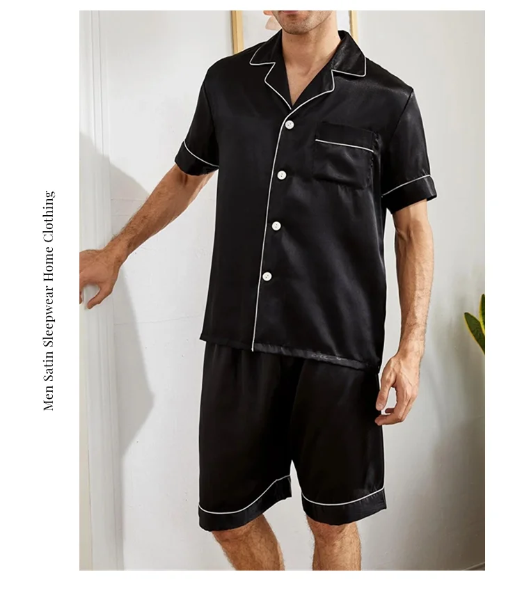 Herren-Pyjama-Set aus Satin, kurzärmelig, Sommer-Nachtwäsche für Herren, Button-Down-Hemd und Shorts mit elastischer Taille, Pyjama, Heimkleidung, 2-teilig – Detail 15