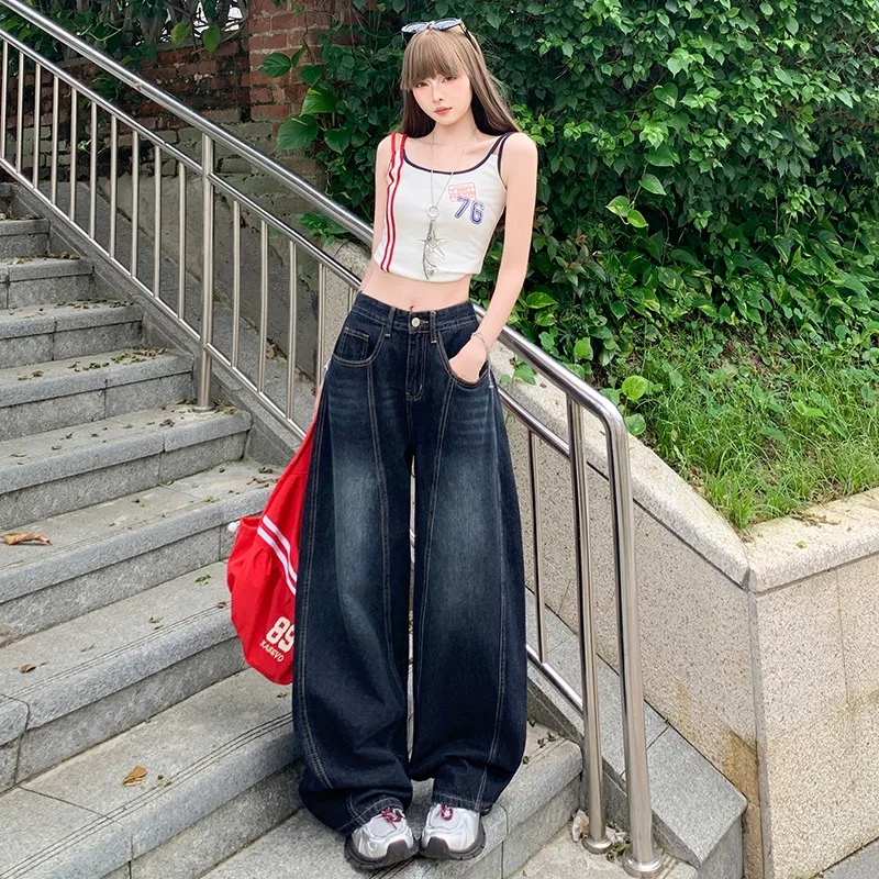 OIQERE Retro American Style Embroidered Curved‑Blade Jeans for Women High Waist Straight Loose Floor‑Dragging Wide Leg Denim Tro