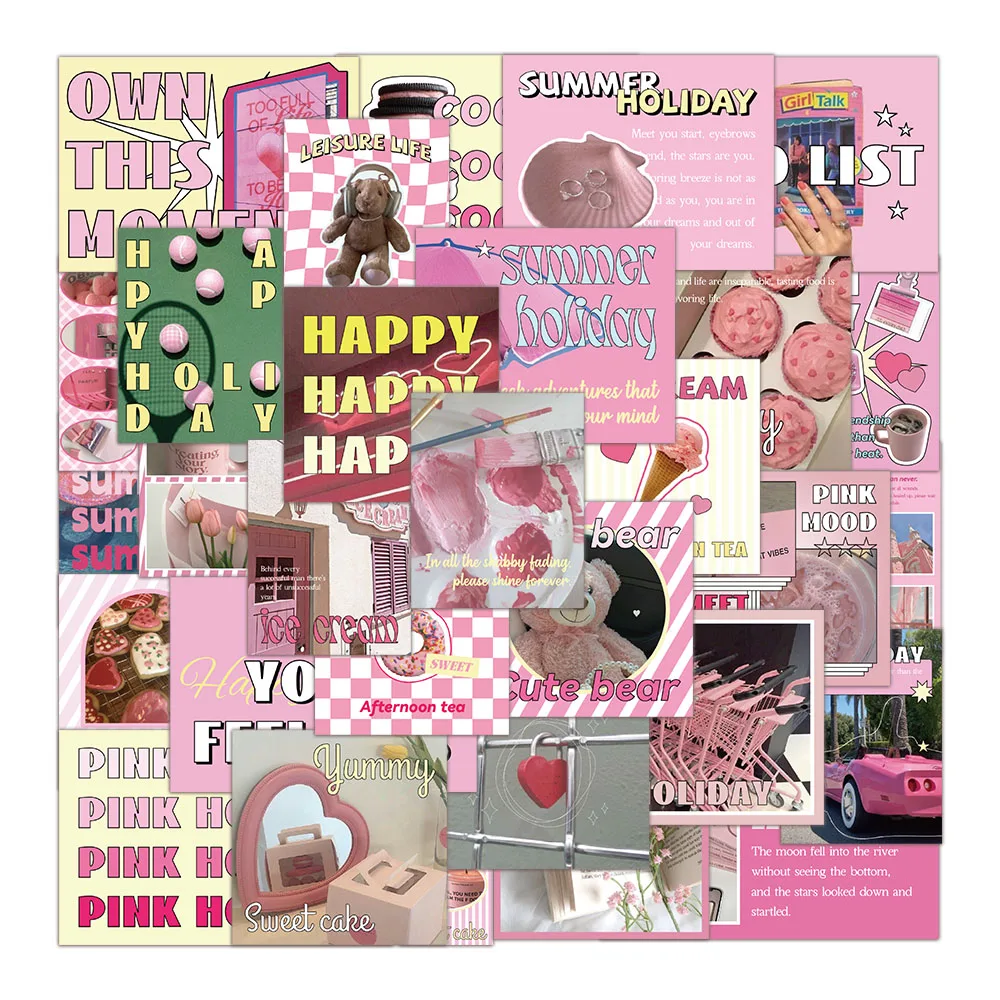 30PCS Kreative Rosa Urlaub Aufkleber Pack Telefon Fall Aufkleber Gepäck Text Material Englisch Wasserdichte Dekorative Aufkleber
