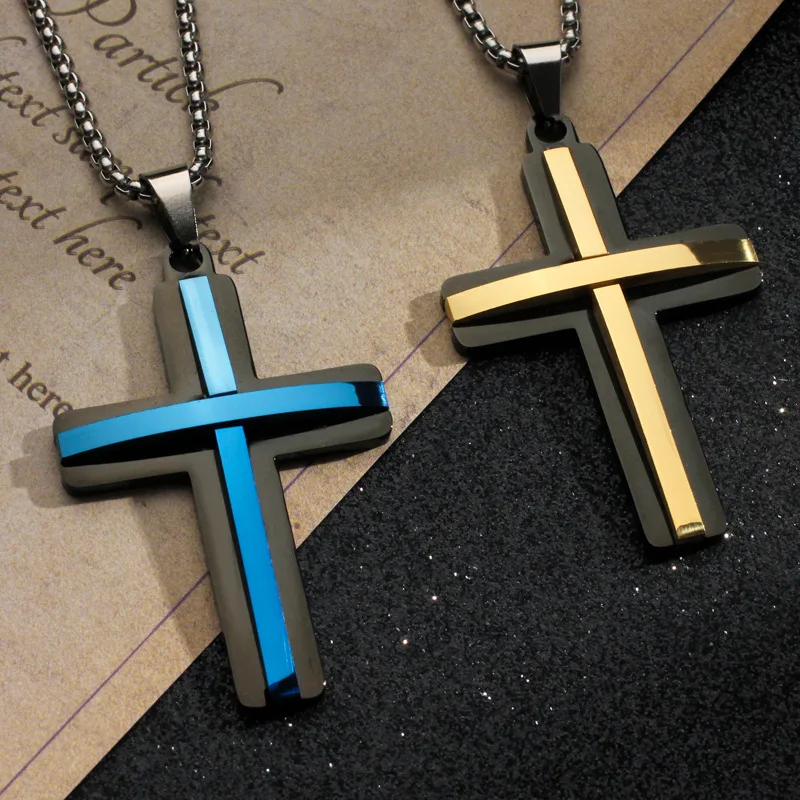 Fashion Black Cross Pendant Necklaces Stainless Steel Chain Christ Cruz Hip Hop Necklace For Men Boy Neck Jewelry Collier