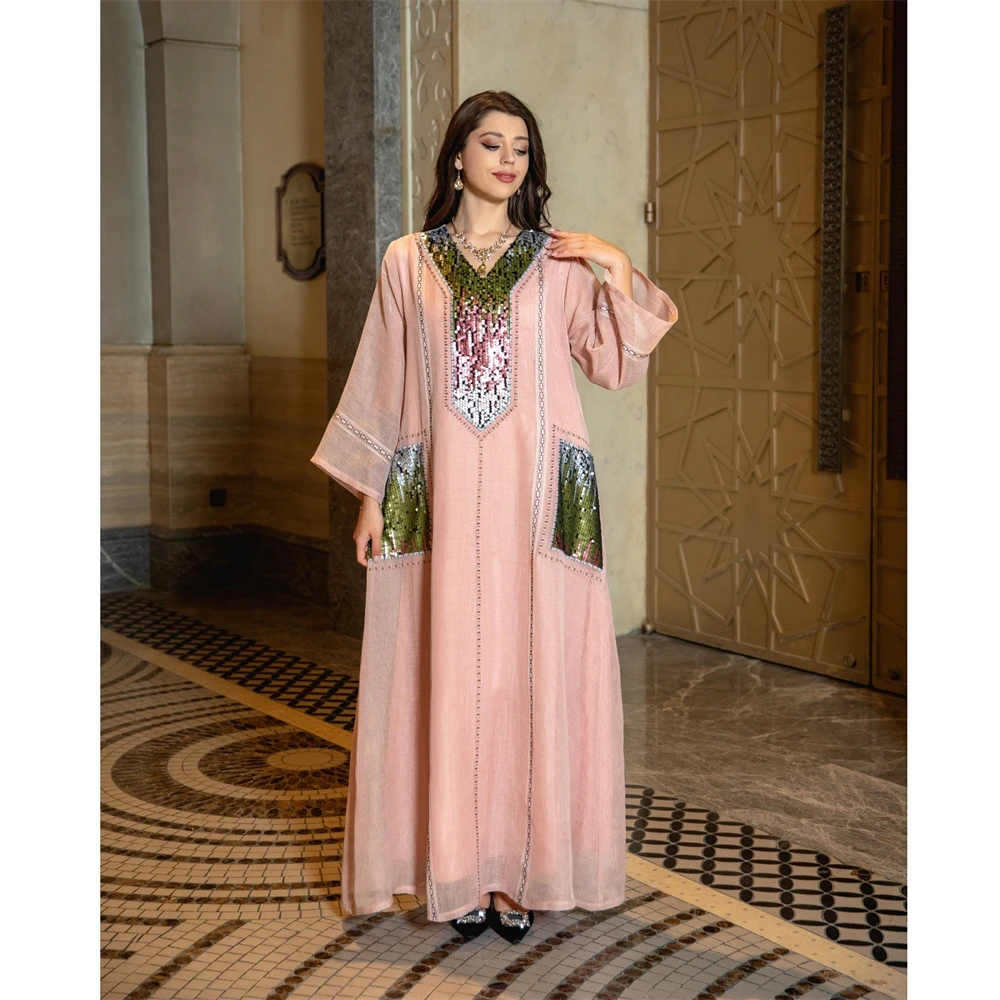 

Muslim Women Long Dress Arab Maxi Robe Abaya Sequins Middle East Dubai Kaftan V-neck Maxi Robe Ramadan Islamic Vestido Fashion