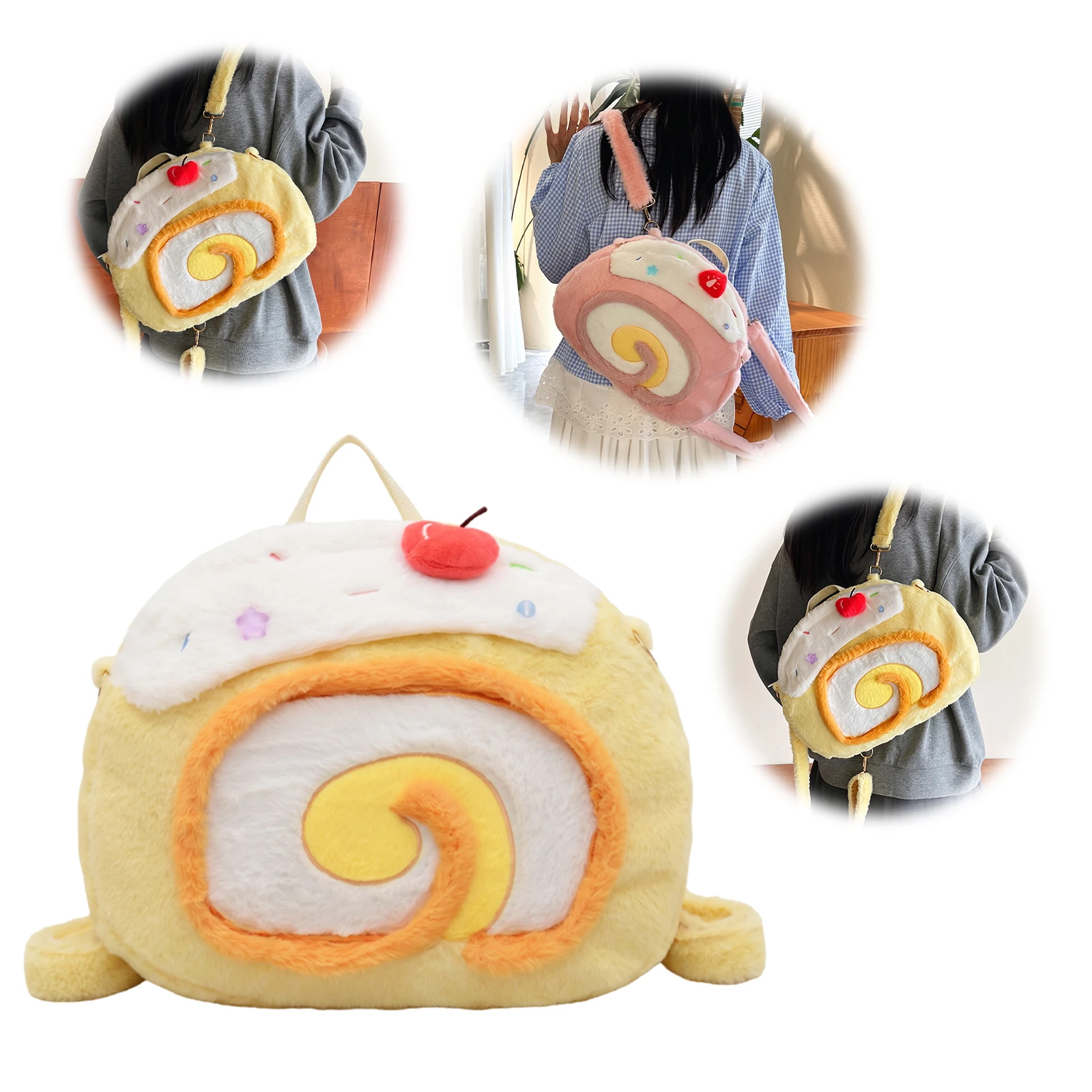 Mochila de Peluche Kawaii con Diseño de Pastel Enrollado y Bordado de Cerezas, Convertible en Bolso de Hombro y Bandolera para Niñas