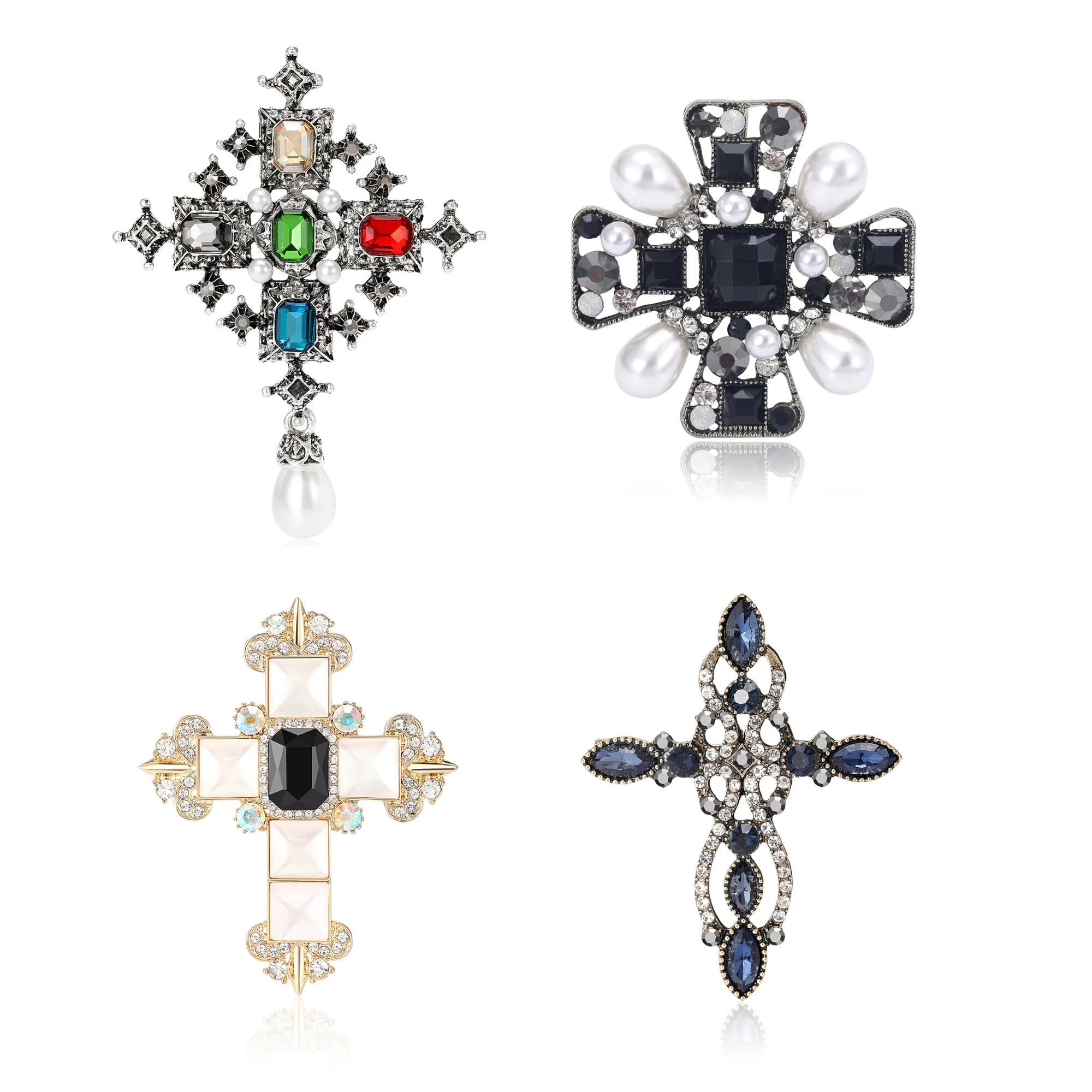 Beaut&Berry Vintage Cross Brooches for Women Unisex Rhinestone Pins Multi-color Available Casual Party Accessories Gifts