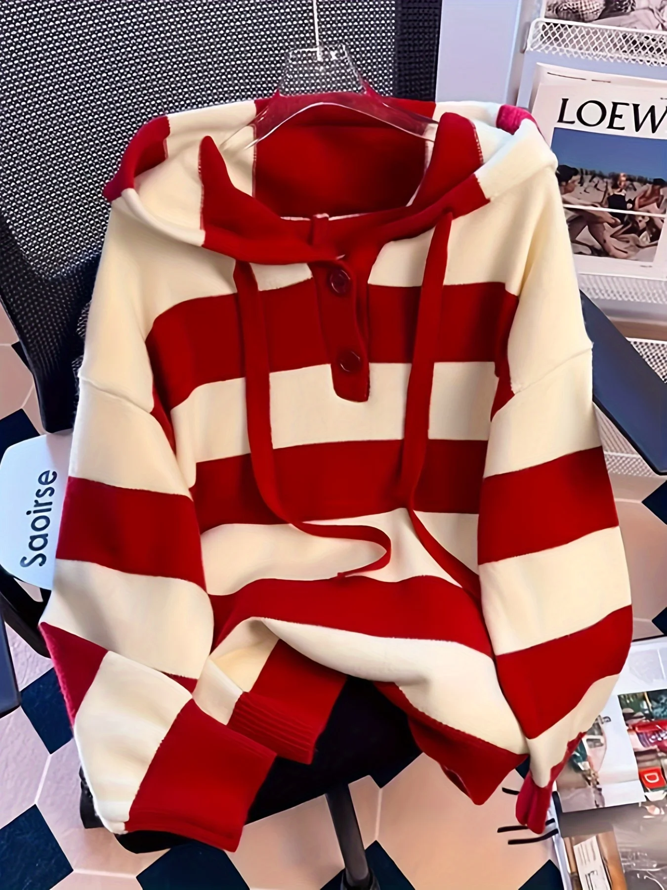 Sudadera con Capucha de Punto a Rayas Rojas y Blancas para Mujer, Suéter Holgado con Cuello Henley y Botones, Jersey Casual y Cómodo para Otoño e Invierno