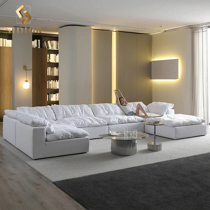 White Recliner Lazy Cloud Corner Sofa Couch Bed Module Modular Sectional L U Shaped Corner Down Feather Compressed Sofa