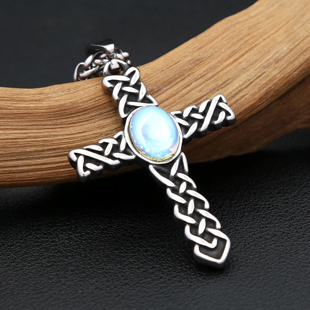 

Vintage Stainless Steel Nordic Viking Celtics Knot Cross Pendant With Gemstone Necklaces For Men Women Fashion Jewelry Wholesale