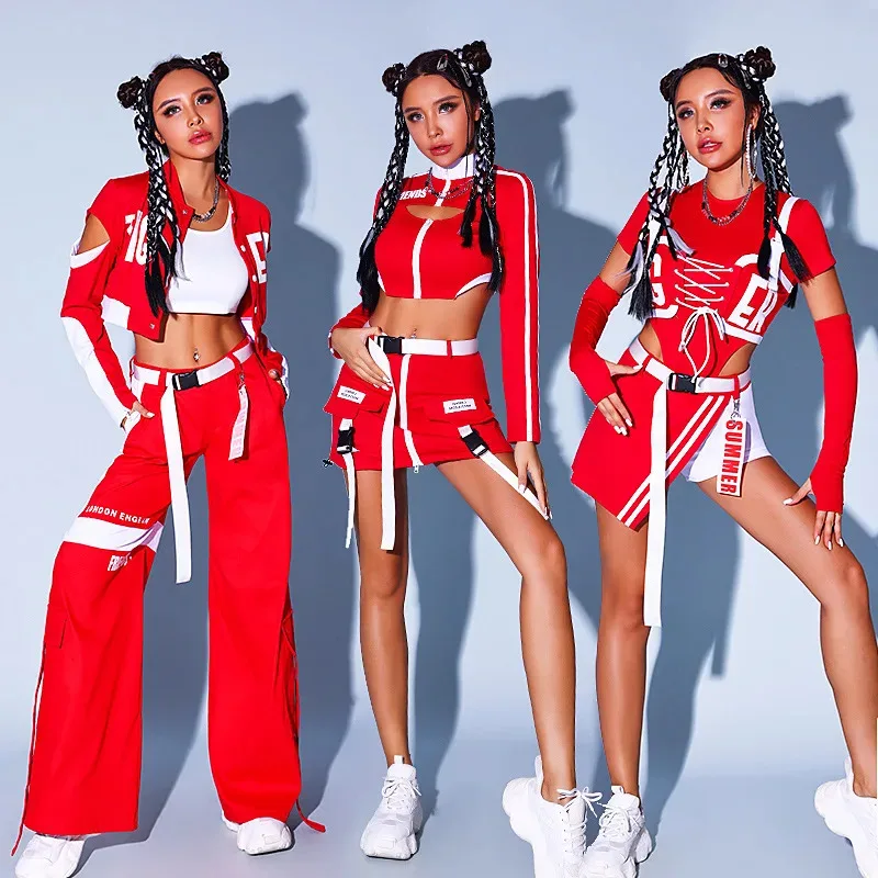 

Красные сценические наряды Kpop, костюмы для джазовых танцев для девочек, 2024, хип-хоп, фестиваль, рейв-наряд, конкурс, топ, брюки, юбка
